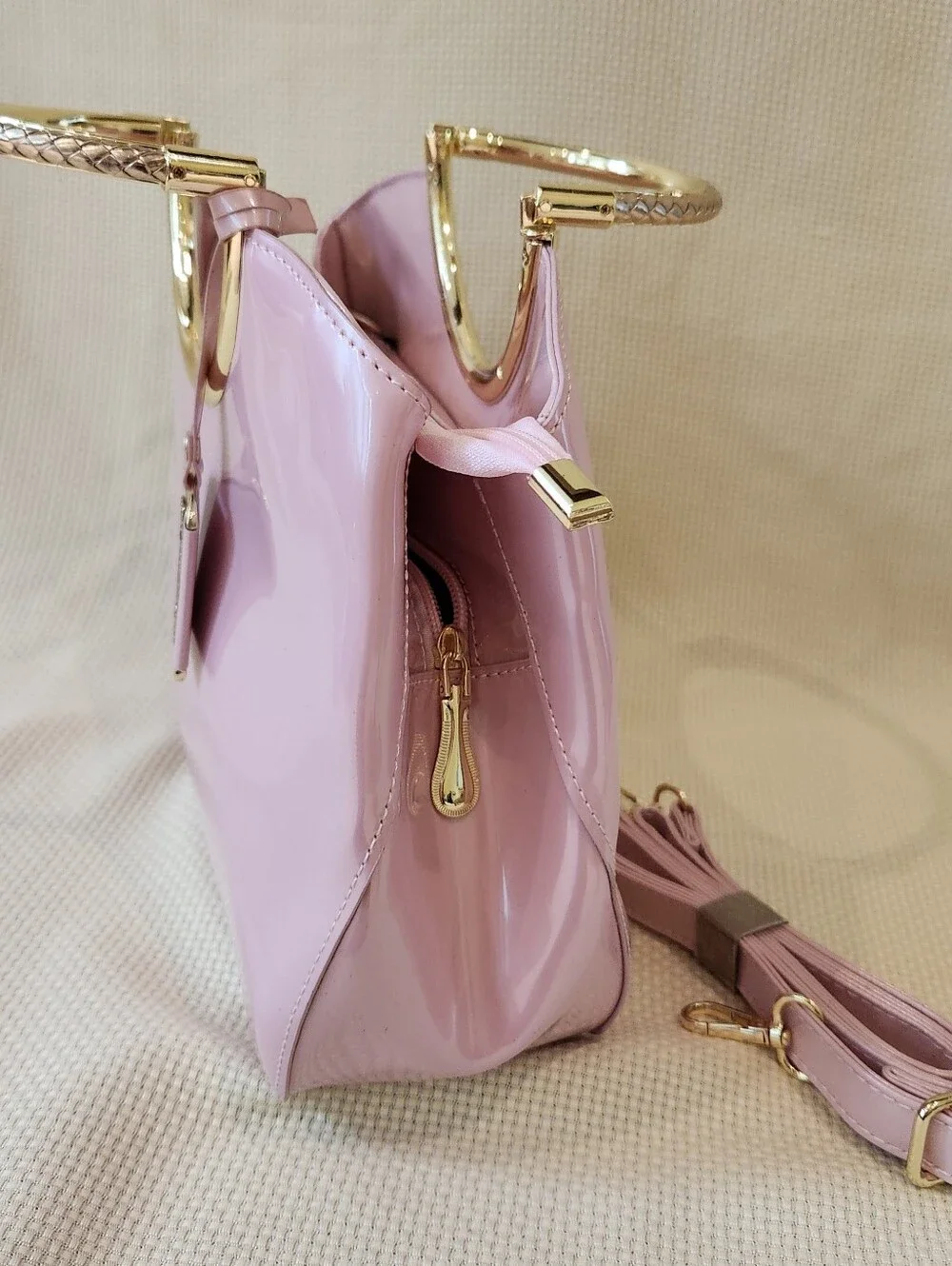 Pink Patent Leather Satchel Gold Ring Top Handle Crossbody Bag Structured Purse - Picture 9 of 16
